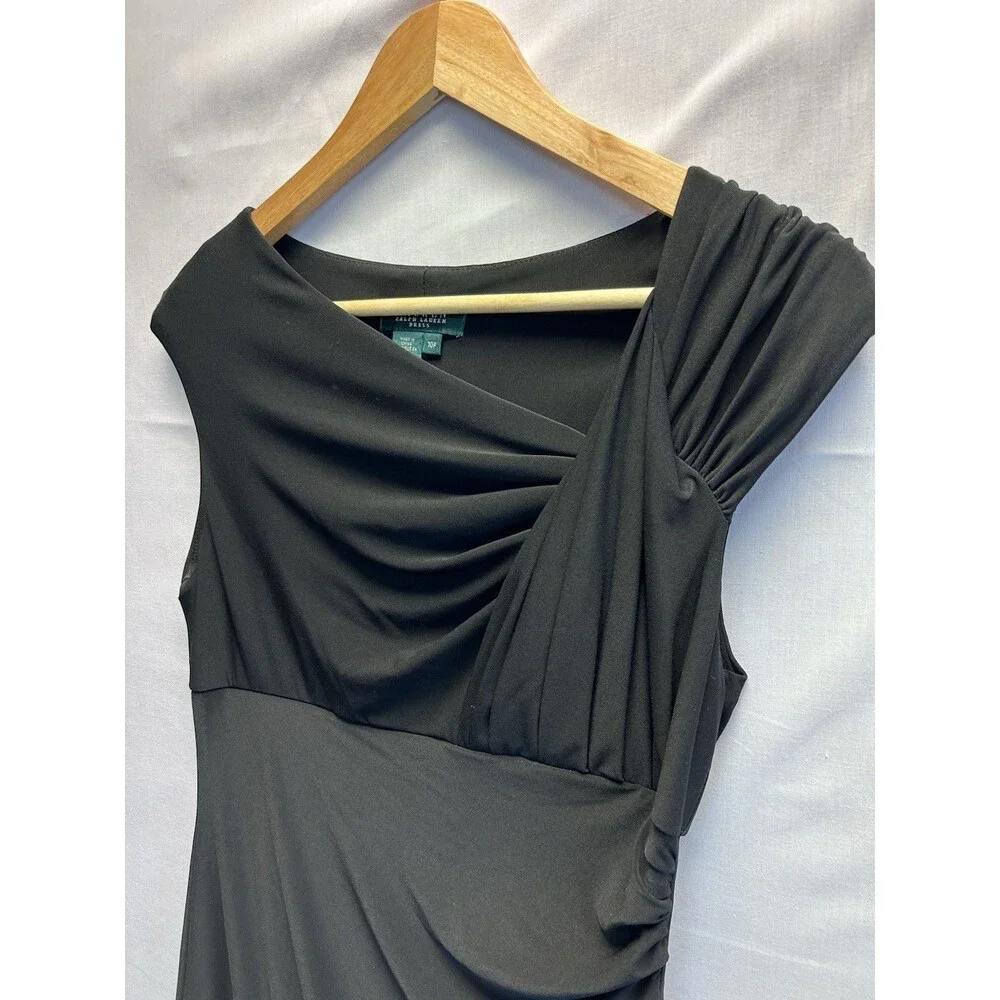 Lauren Ralph Lauren Ruched Sleeveless Sheath Dress Black Draped Women’s 10P - Picture 2 of 9